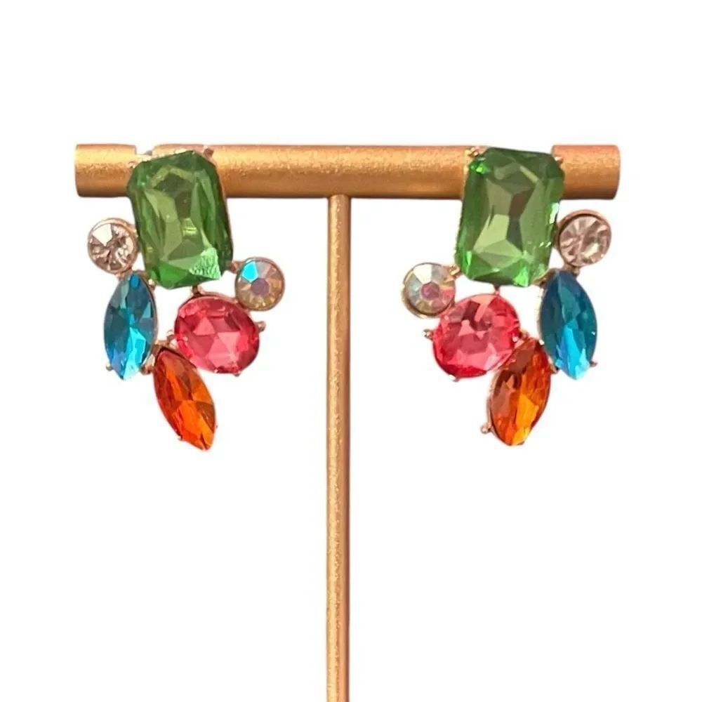 💎2/$30💎 Elegant Multicolor Gemstone Crystal Gold Tone Stud Earrings